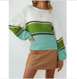 Hollow Loose Color Stitching Long Sleeved Knitted Sweater