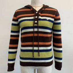 Women Knitted Striped Wool Hoodie Sweater